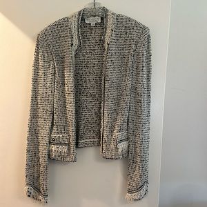 St John knit jacket. Black and White weave with gold accents and white fringe.